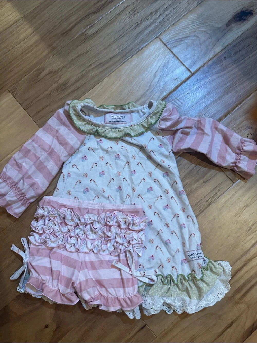 SweetHoney Pink White Green Striped Floral Ruffle Pajama Set